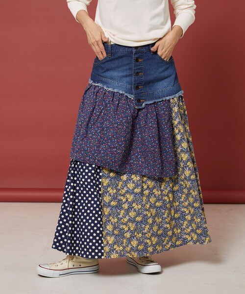 【美品】デニムパッチワークスカート セール】Freada/フリーダ デニム パッチワーク スカート