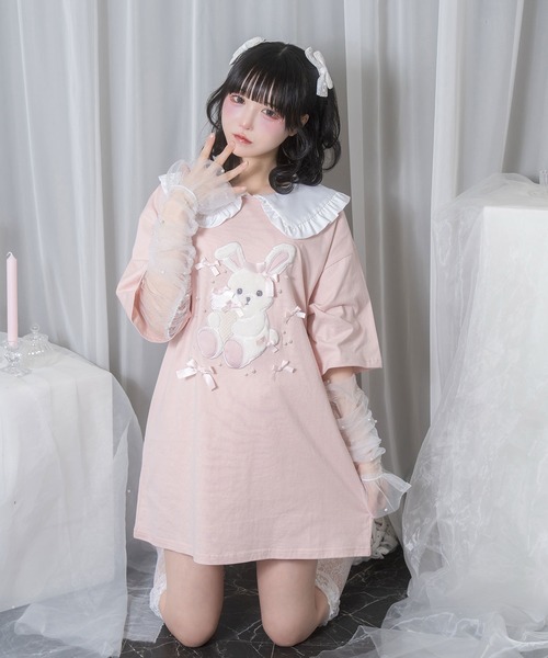Honey Cinnamon(ハニーシナモン)の「アイスリボンハニーちゃん襟付きTシャツ(Tシャツ/カットソー・レディース・サックスブルー/ピンク/ブラック・FREE)」の4枚目の写真