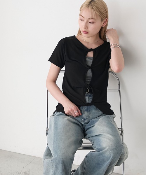 RIKA チャコールグレーXS RIKA × forksy. 】ツイストデザイン 2way 半袖クルーネック