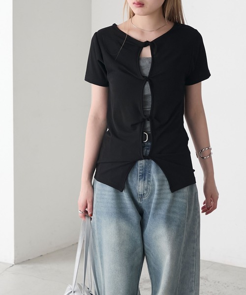 RIKA チャコールグレーXS RIKA × forksy. 】ツイストデザイン 2way 半袖クルーネック