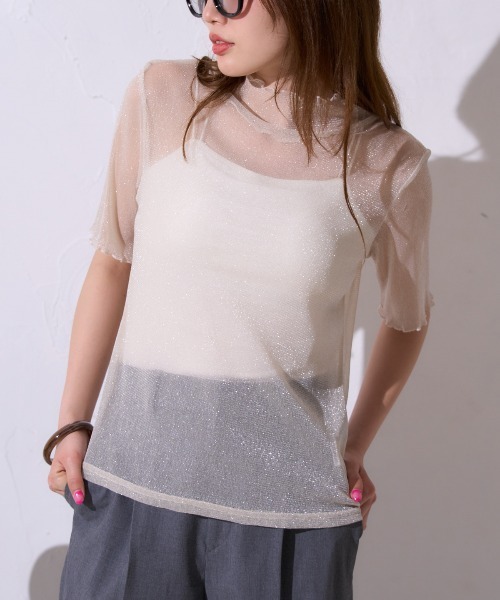 TRIANGLE PALETTE(トライアングルパレット)の「シアーラメ ハイネック半袖トップス /五分袖T(Tシャツ/カットソー・レディース・ホワイト/ブラック/グレー/オフホワイト・FREE)」の7枚目の写真