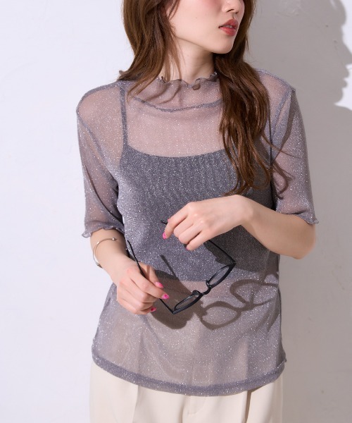 TRIANGLE PALETTE(トライアングルパレット)の「シアーラメ ハイネック半袖トップス /五分袖T(Tシャツ/カットソー・レディース・ホワイト/ブラック/グレー/オフホワイト・FREE)」の12枚目の写真