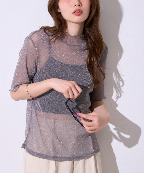 TRIANGLE PALETTE(トライアングルパレット)の「シアーラメ ハイネック半袖トップス /五分袖T(Tシャツ/カットソー・レディース・ホワイト/ブラック/グレー/オフホワイト・FREE)」の13枚目の写真