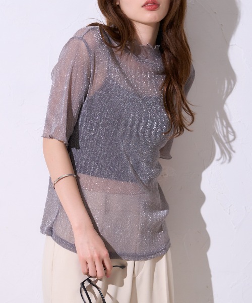 TRIANGLE PALETTE(トライアングルパレット)の「シアーラメ ハイネック半袖トップス /五分袖T(Tシャツ/カットソー・レディース・ホワイト/ブラック/グレー/オフホワイト・FREE)」の14枚目の写真