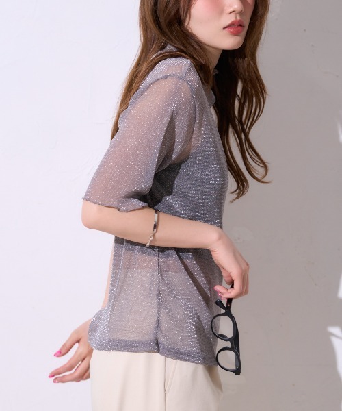 TRIANGLE PALETTE(トライアングルパレット)の「シアーラメ ハイネック半袖トップス /五分袖T(Tシャツ/カットソー・レディース・ホワイト/ブラック/グレー/オフホワイト・FREE)」の15枚目の写真