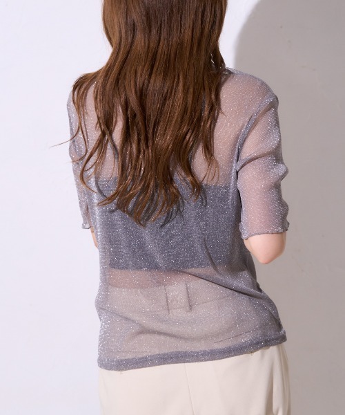TRIANGLE PALETTE(トライアングルパレット)の「シアーラメ ハイネック半袖トップス /五分袖T(Tシャツ/カットソー・レディース・ホワイト/ブラック/グレー/オフホワイト・FREE)」の17枚目の写真