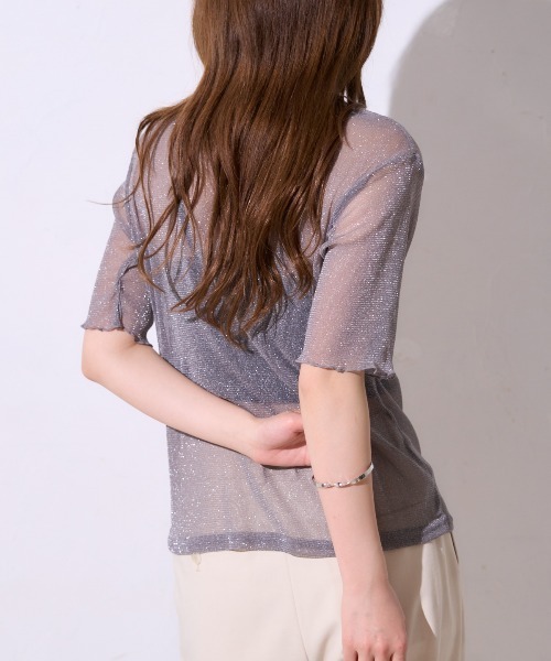 TRIANGLE PALETTE(トライアングルパレット)の「シアーラメ ハイネック半袖トップス /五分袖T(Tシャツ/カットソー・レディース・ホワイト/ブラック/グレー/オフホワイト・FREE)」の18枚目の写真