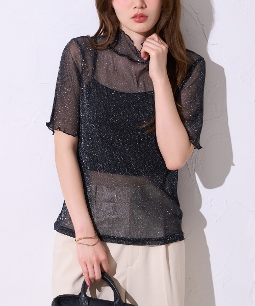 TRIANGLE PALETTE(トライアングルパレット)の「シアーラメ ハイネック半袖トップス /五分袖T(Tシャツ/カットソー・レディース・ホワイト/ブラック/グレー/オフホワイト・FREE)」の19枚目の写真