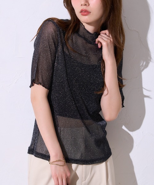 TRIANGLE PALETTE(トライアングルパレット)の「シアーラメ ハイネック半袖トップス /五分袖T(Tシャツ/カットソー・レディース・ホワイト/ブラック/グレー/オフホワイト・FREE)」の20枚目の写真
