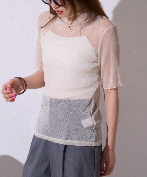 TRIANGLE PALETTE(トライアングルパレット)の「シアーラメ ハイネック半袖トップス /五分袖T(Tシャツ/カットソー・レディース・ホワイト/ブラック/グレー/オフホワイト・FREE)」の11枚目の写真
