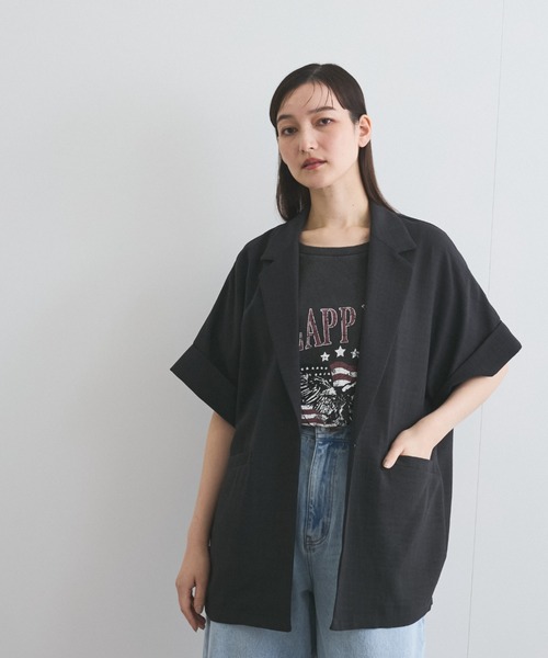 VICKY（ビッキー）の「タンブラーオックスハーフスリーブジャケット≪手洗い可能≫（テーラードジャケット・レディース・イエロー/ライトグレー/チャコールグレー・M）」の12枚目の写真