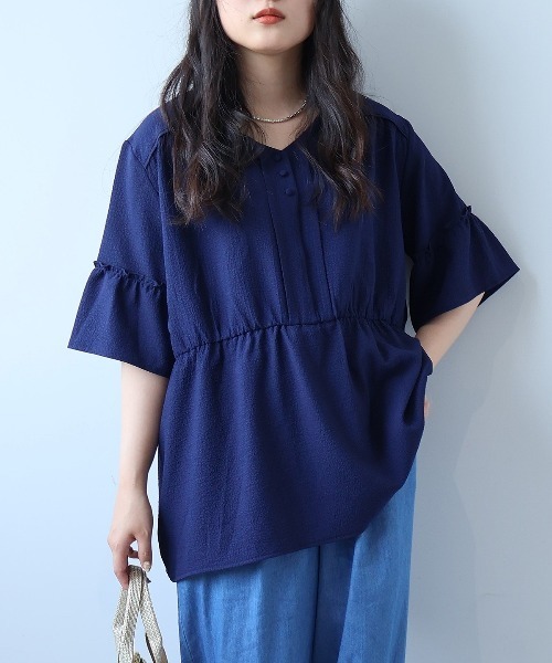 leswel(レスウェル)の「【L~5L 大きいサイズ】ドライワッシャーVネック切替えブラウス 半袖 春夏(シャツ/ブラウス・レディース・ネイビー/グリーン/クリーム・LL/4L/5L/3L/L)」の3枚目の写真