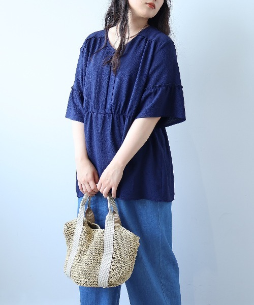 leswel(レスウェル)の「【L~5L 大きいサイズ】ドライワッシャーVネック切替えブラウス 半袖 春夏(シャツ/ブラウス・レディース・ネイビー/グリーン/クリーム・LL/4L/5L/3L/L)」の14枚目の写真
