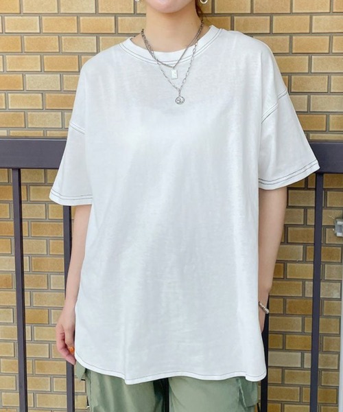 GORGE(ゴージ)の「《配色ステッチ×ラウンドヘム》レディース コットン 半袖Tシャツ ゆったり 体型カバー 春夏秋(Tシャツ/カットソー・レディース・オフホワイト/カーキ/ブラック/グレイッシュベージュ・F)」の1枚目の写真