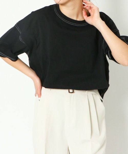 GORGE(ゴージ)の「《配色ステッチ×ラウンドヘム》レディース コットン 半袖Tシャツ ゆったり 体型カバー 春夏秋(Tシャツ/カットソー・レディース・オフホワイト/カーキ/ブラック/グレイッシュベージュ・F)」の2枚目の写真
