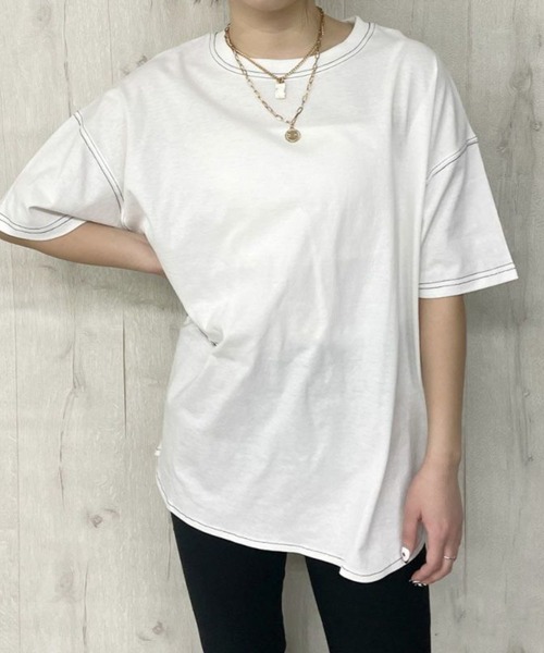 GORGE(ゴージ)の「《配色ステッチ×ラウンドヘム》レディース コットン 半袖Tシャツ ゆったり 体型カバー 春夏秋(Tシャツ/カットソー・レディース・オフホワイト/カーキ/ブラック/グレイッシュベージュ・F)」の5枚目の写真