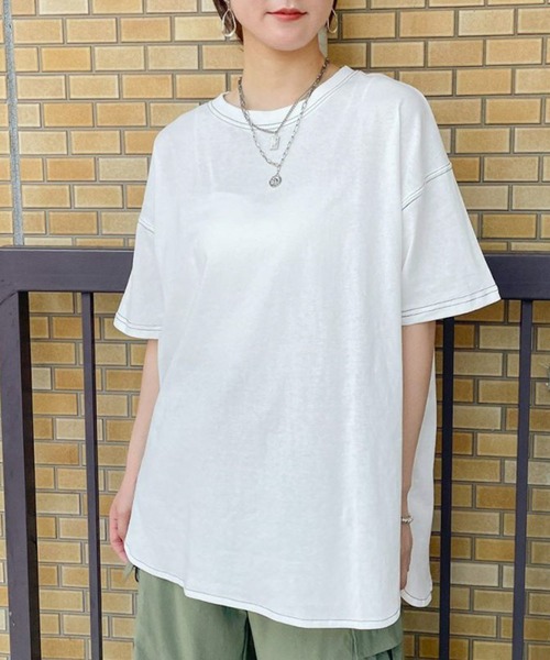 GORGE(ゴージ)の「《配色ステッチ×ラウンドヘム》レディース コットン 半袖Tシャツ ゆったり 体型カバー 春夏秋(Tシャツ/カットソー・レディース・オフホワイト/カーキ/ブラック/グレイッシュベージュ・F)」の6枚目の写真