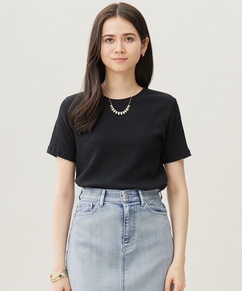 自由区(ジユウク)の「シャーリングジャージー Tシャツ(Tシャツ/カットソー・レディース・ブラック系/アイボリー系・44/46)」の1枚目の写真