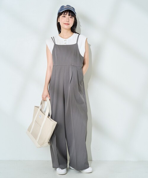 FREAK'S STORE（フリークスストア）の「<接触冷感/UVカット>機能素材 イージーサロペット（サロペット/オーバーオール・レディース・グレー/ブラック・ﾌﾘ-）」の10枚目の写真