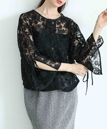 総花柄レースフレアスリーブブラウス