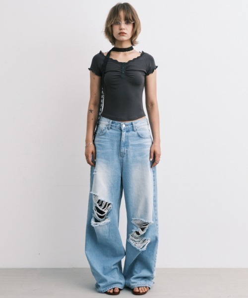 ●MIDNIGHT MOVE●ribet bootcut デニムパンツ★韓国の人気 A'GEM/9 × .kom 『MIDNIGHT MOVE/ミッドナイトムーブ』 DG WS