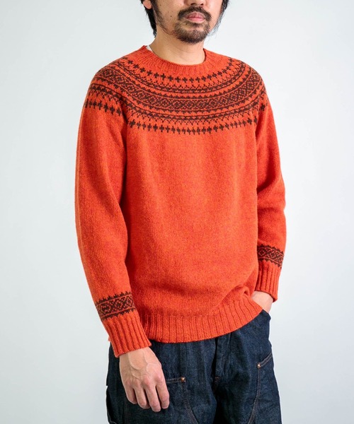 NOR'EASTERLY（ノアイースターリー）の「[NOR' EASTERLY] CREW 2TONE NORDIC / シェットランドウール ノルディックセーター（ニット/セーター・メンズ・グレー/オレンジ・38/40）」の2枚目の写真