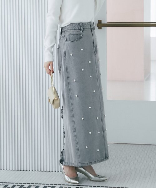 名品・3サイズあり】パール付きデニムタイトマキシスカート（スカート
