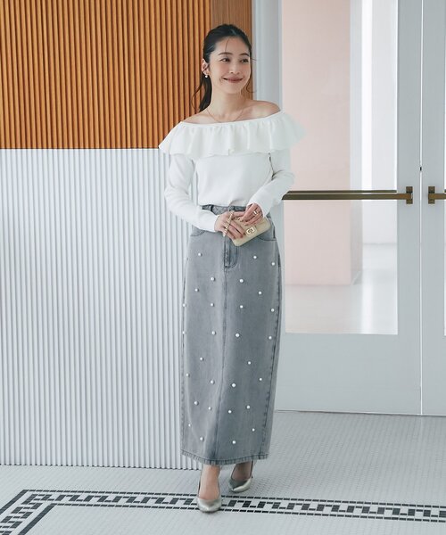 セール】【名品・3サイズあり】パール付きデニムタイトマキシスカート