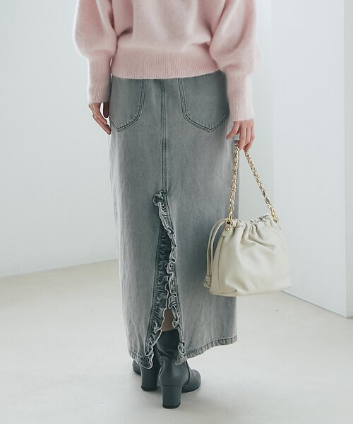 セール】【名品・3サイズあり】パール付きデニムタイトマキシスカート