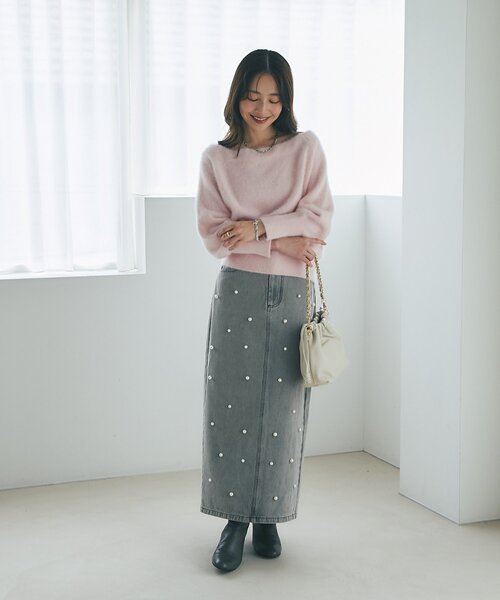 セール】【名品・3サイズあり】パール付きデニムタイトマキシスカート