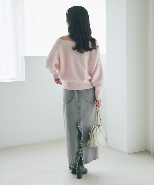 セール】【名品・3サイズあり】パール付きデニムタイトマキシスカート