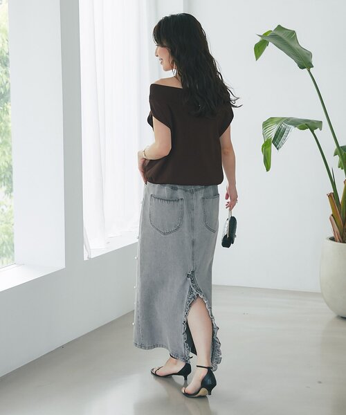 3サイズあり】パール付きデニムタイトマキシスカート（デニムスカート