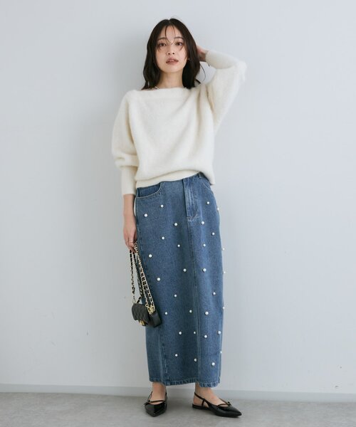 セール】【名品・3サイズあり】パール付きデニムタイトマキシスカート