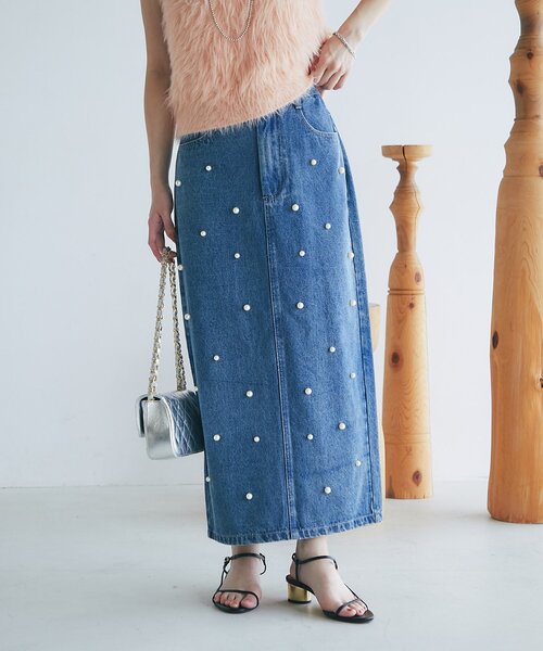 セール】【名品・3サイズあり】パール付きデニムタイトマキシスカート