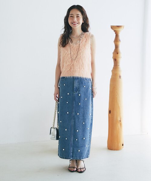 名品・3サイズあり】パール付きデニムタイトマキシスカート