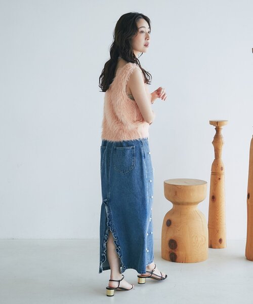 セール】【名品・3サイズあり】パール付きデニムタイトマキシスカート