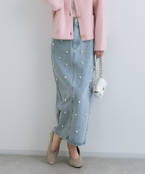 セール】【名品・3サイズあり】パール付きデニムタイトマキシスカート
