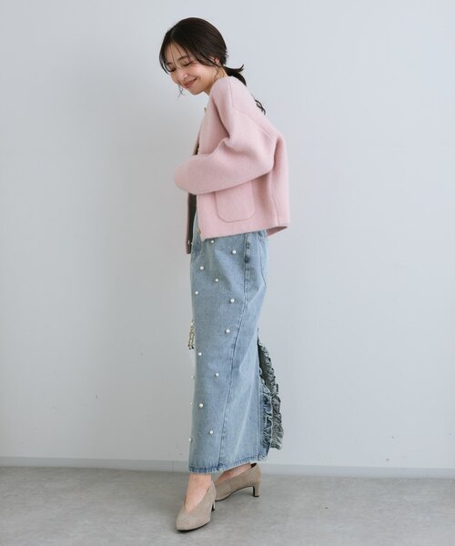 セール】【名品・3サイズあり】パール付きデニムタイトマキシスカート