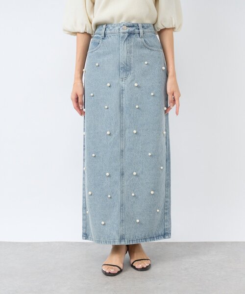 名品・3サイズあり】パール付きデニムタイトマキシスカート