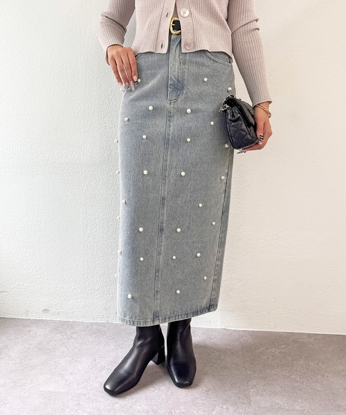 名品・3サイズあり】パール付きデニムタイトマキシスカート