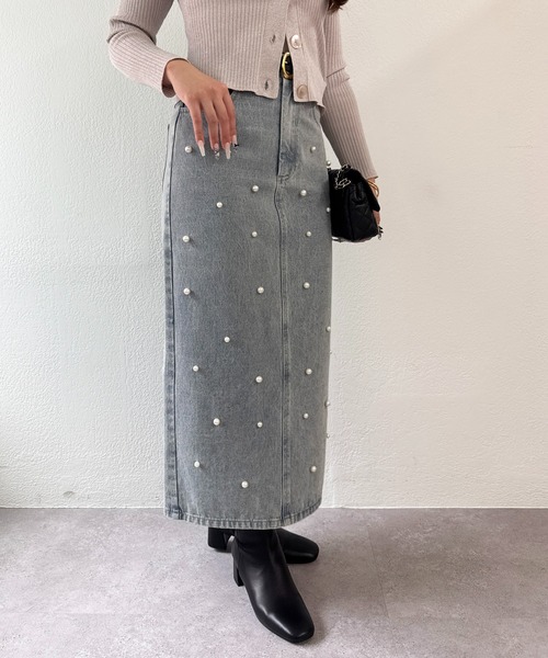 セール】【今すぐお届け！・3サイズあり】パール付きデニムタイト