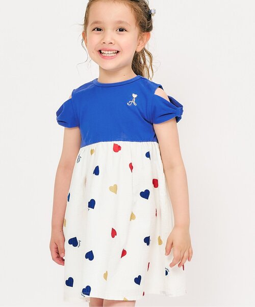 apres les cours(アプレレクール)の「【リンク/ジュニア対応】3柄オフショルリボンドッキングワンピース(ワンピース・キッズ・ブルー/レッド/イエロー・80/90/100/110/120/130/140)」の2枚目の写真