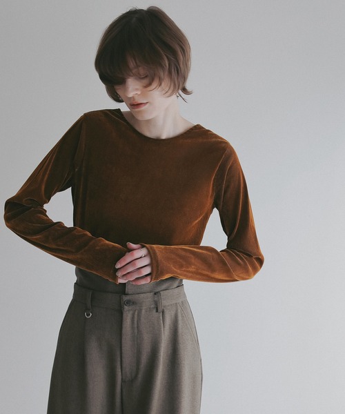 MANOF(マノフ)の「TULLE FLOCKED STRIPE TOPS(Tシャツ/カットソー・レディース・キャメル/イエロー/ブルー/ブラック/アイボリー・FREE)」の7枚目の写真