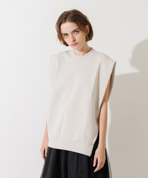 DESIGNWORKS(デザインワークス)の「裏毛サイドスリットフレンチスリーブプルオーバー(Tシャツ/カットソー・レディース・グレイッシュベージュ/オレンジ・38)」の1枚目の写真