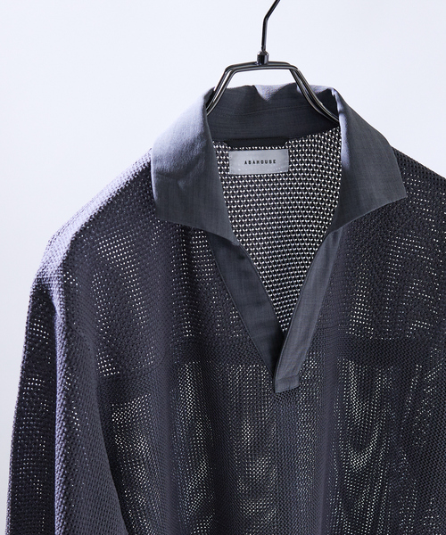 ABAHOUSE(アバハウス)の「スキッパー メッシュニット ポロシャツ(ポロシャツ・メンズ・グレー/オレンジ/ダークネイビー・48/46)」の1枚目の写真