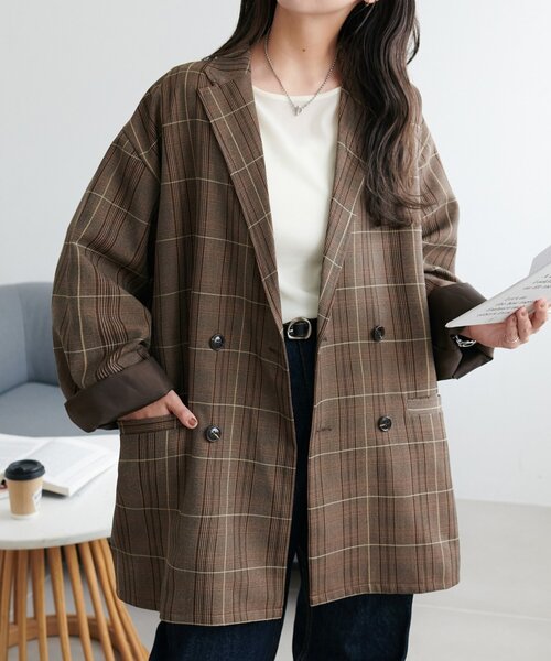 DISCOAT（ディスコート）の「【ユニセックス】チェックWブレストオーバージャケット（テーラードジャケット・レディース・ベージュ/ダークブラウン/ブラウン・FREE/SHORT）」の3枚目の写真