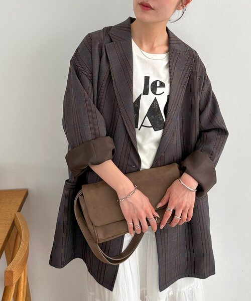 DISCOAT（ディスコート）の「【ユニセックス】チェックWブレストオーバージャケット（テーラードジャケット・レディース・ベージュ/ダークブラウン/ブラウン・FREE/SHORT）」の14枚目の写真