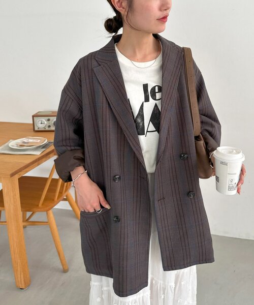 DISCOAT（ディスコート）の「【ユニセックス】チェックWブレストオーバージャケット（テーラードジャケット・レディース・ベージュ/ダークブラウン/ブラウン・FREE/SHORT）」の15枚目の写真