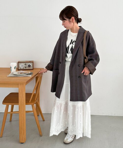 DISCOAT（ディスコート）の「【ユニセックス】チェックWブレストオーバージャケット（テーラードジャケット・レディース・ベージュ/ダークブラウン/ブラウン・FREE/SHORT）」の17枚目の写真