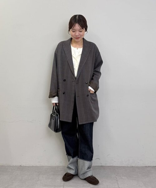 DISCOAT（ディスコート）の「【ユニセックス】チェックWブレストオーバージャケット（テーラードジャケット・レディース・ベージュ/ダークブラウン/ブラウン・FREE/SHORT）」の18枚目の写真